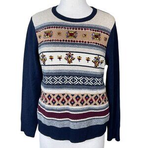 J.Crew Jeweled Fair Isle Stripe Crewneck 100% Wool Long Sleeve Sweater LG